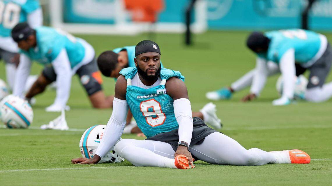 Miami Dolphins cornerback Noah Igbinoghene (9) looks on runs a drill during NFL football training camp at Baptist Health Training Complex in Hard Rock Stadium on Wednesday, September 8, 2021 in Miami Gardens, Florida.