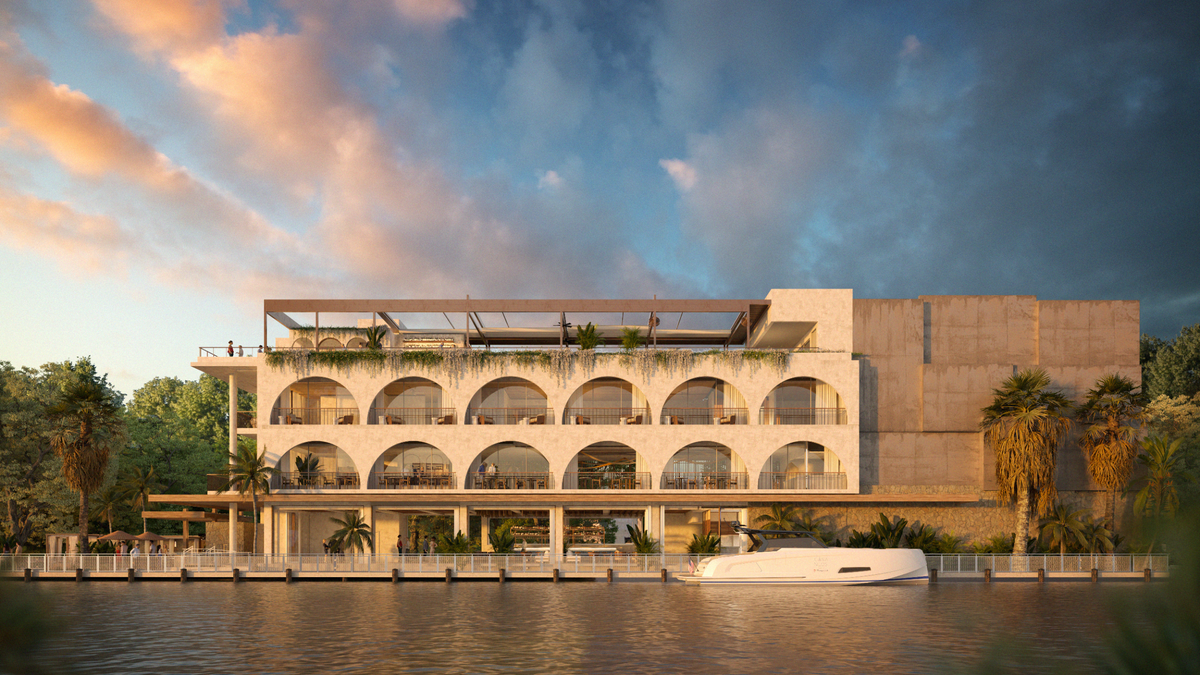 The exterior of the Casa Neos development, which includes the newly opened Casa Neos restaurant, a private members-only beach club, a boutique hotel and a rooftop restaurant and bar coming in the fall.