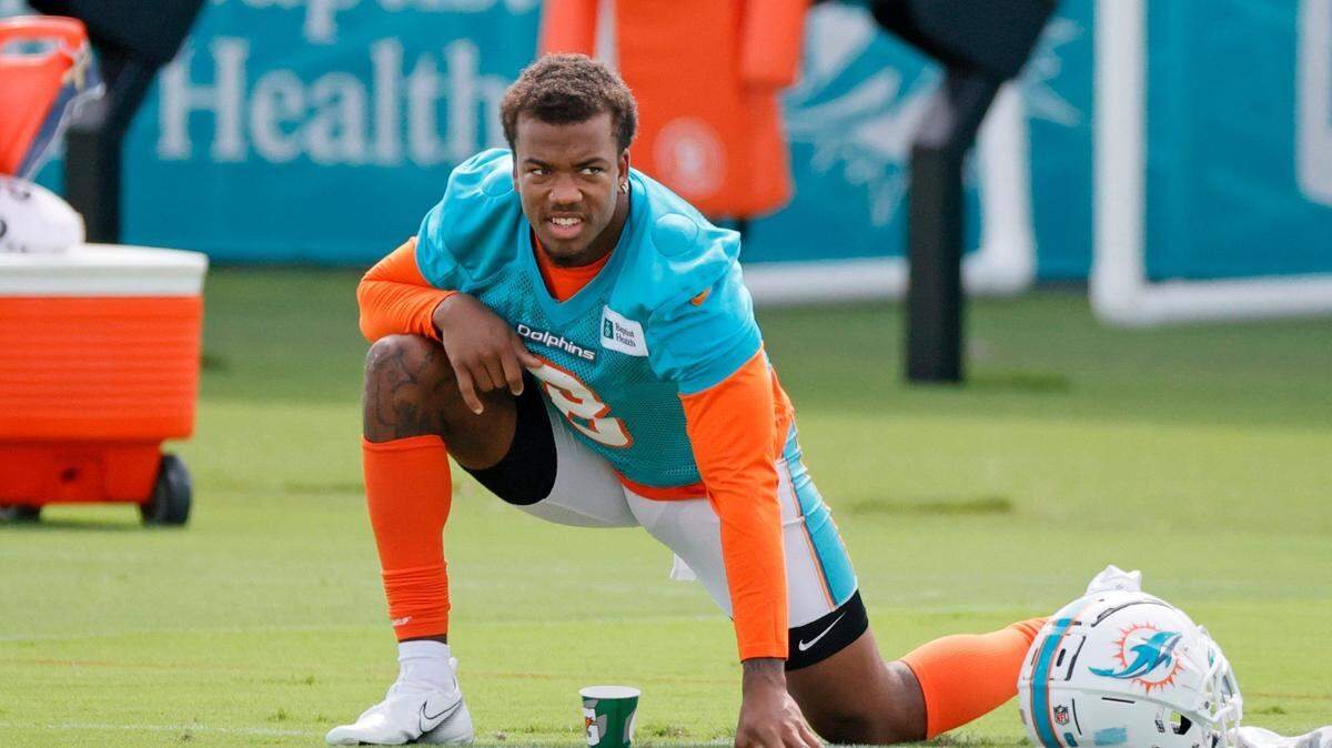 Miami Dolphins free safety Jevon Holland (8) during practice at Baptist Health Training Complex in Hard Rock Stadium on Wednesday, October 20, 2021 in Miami Gardens, Florida, in preparation for their game against the Buffalo Bills at Highmark Stadium on Sunday, October 31.