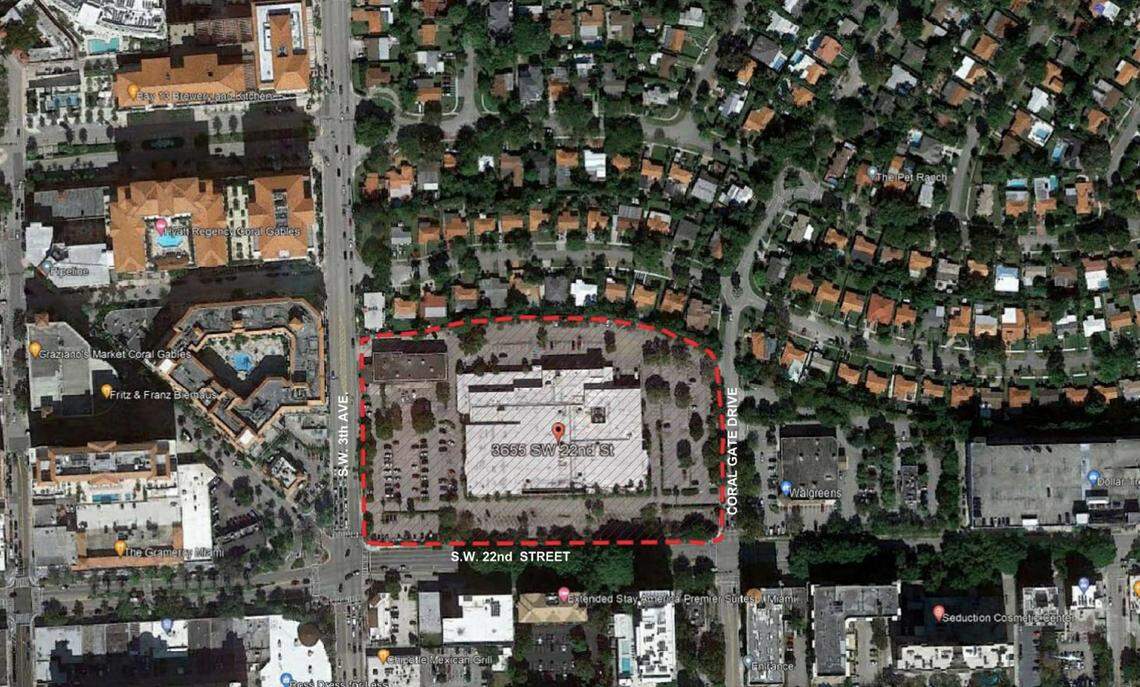 Coral Gables’ Behar Font Partners’ map view of where a proposed 8.12-acre mixed use development for 3655 SW 22nd Street would be. The area marked in red is where a Sears store has been located since 1959. The site plan was approved by Miami in April 2025. That doesn’t guarantee the project will move forward.