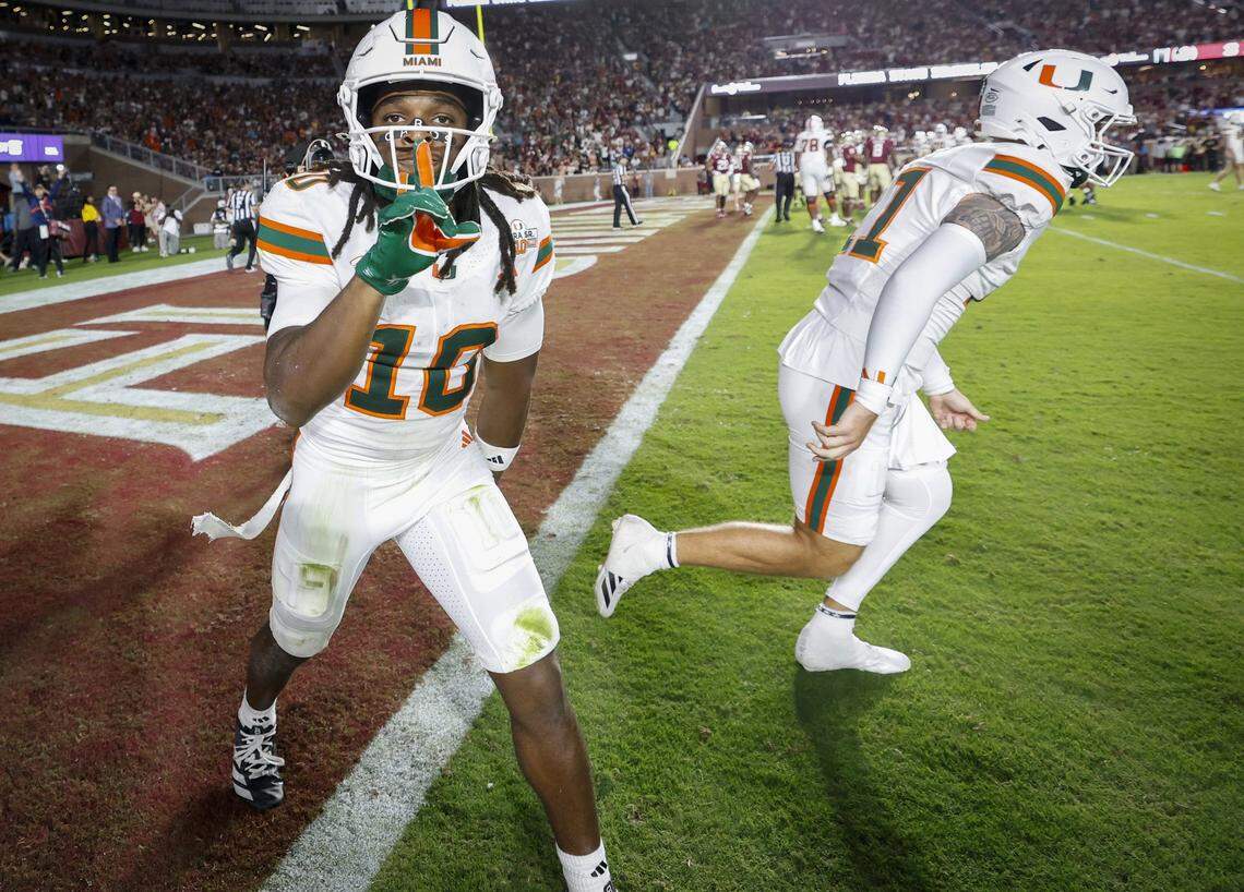Miami Hurricanes wide receiver Malachi Toney (10) celebrates after scoring in the first half against the Florida State Seminoles in their NCAA game at Doak Campbell Stadium in Tallahassee, Florida, on Saturday, October 4, 2025. 