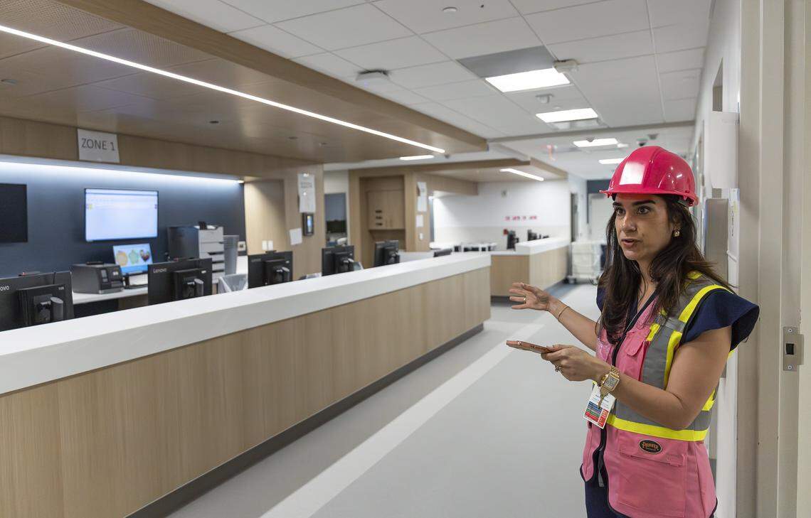 Jackson Memorial Hospital Senior Director of Operations Jennifer Rey-Garcia speaks to the media during a tour of the hospital's new emergency department on Thursday, March 5, 2026, in Miami, Fla. The new facility doubles the size of the current emergency room and is expected to reduce patient wait times.