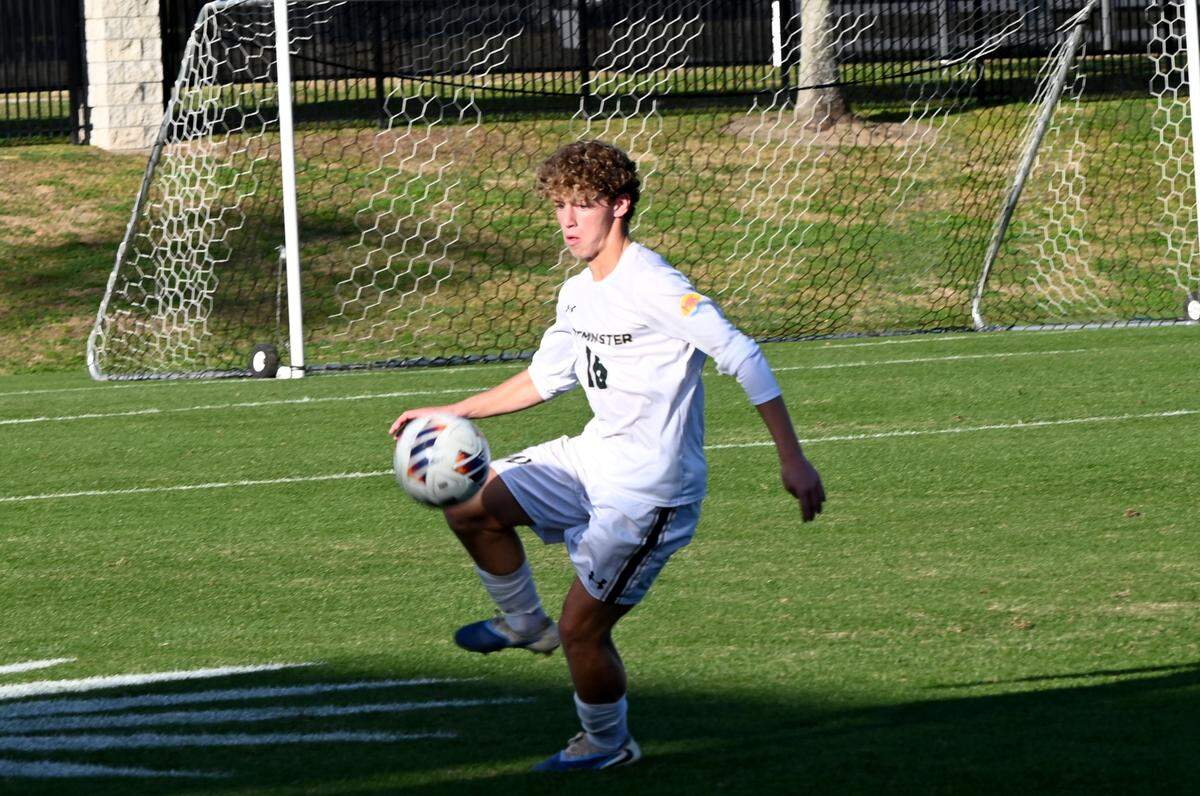 Westminster Christian junior forward works the ball upfield against Melbourne Holy Trinity Episcopal during a Class 2A boys state soccer semifinal on Tuesday at Lake Myrtle Sports Complex in Auburndale.