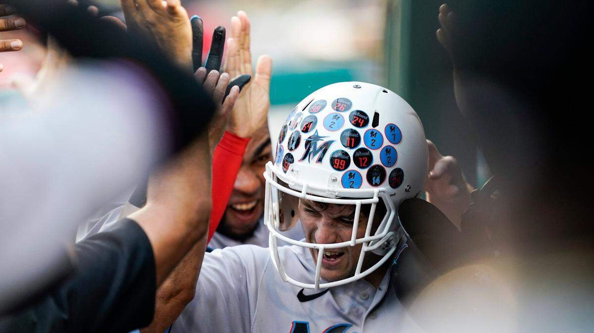 Miami Marlins’ Brian Anderson celebrates his solo home run during the third inning of the team’s baseball game against the Washington Nationals at Nationals Park, Friday, July 1, 2022, in Washington. (AP Photo/Alex Brandon)