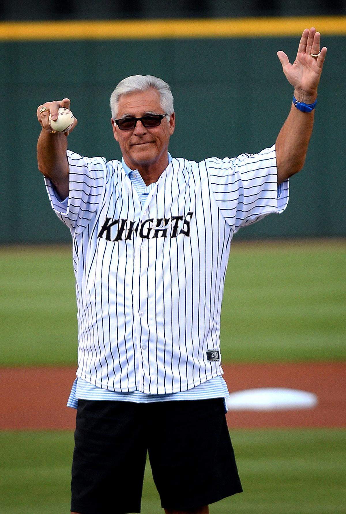 Former major league shortstop Bucky Dent, who played under former Dade North Falcons baseball coach Demie “Doc” Mainieri, acknowledges the cheers of the fans at BB&T Ballpark in Charlotte prior to throwing the first pitch to Charlotte Knights pitcher Carson Fulmer in 2017. During his career, Dent played for the Chicago White Sox, New York Yankees, Texas Rangers and Kansas City Royals. He won two World Series Championships with the Yankees earning 1978 World Series MVP award. More famously, Dent is remembered for a home run against the Boston Red Sox at the end of the 1978 season.