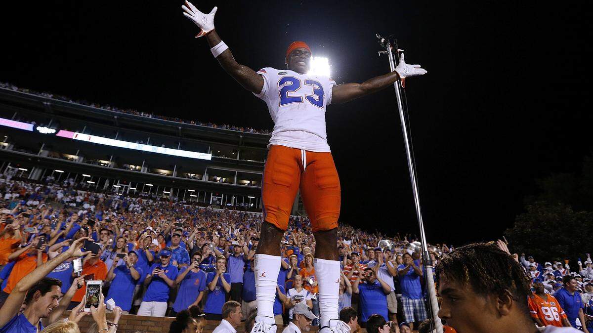 Chauncey Gardner-Johnson #23 of the Florida Gators celebrates a win over Mississippi State Bulldogs at Davis Wade Stadium on September 29, 2018 in Starkville, Mississippi.