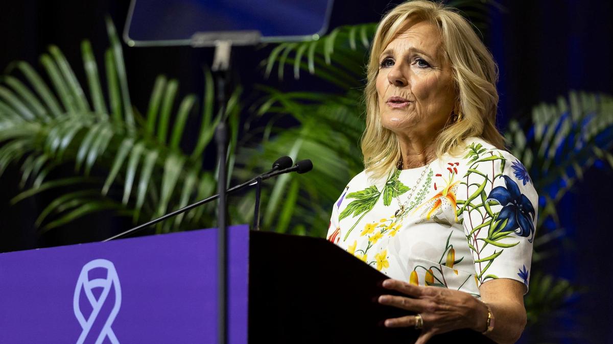 First lady Jill Biden speaks during the Cancer Survivorship Summit at Nova Southeastern University on Monday, Oct. 16, 2023, in Davie, Fla.