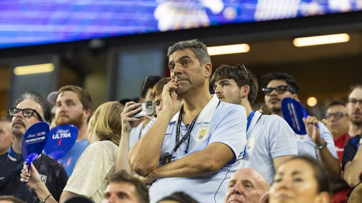 Uruguay fans watch their team play against Cape Verde in the second half of their World Cup Group H soccer match at Hard Rock Stadium on Sunday, June 21, 2026, in Miami Gardens, Fla.