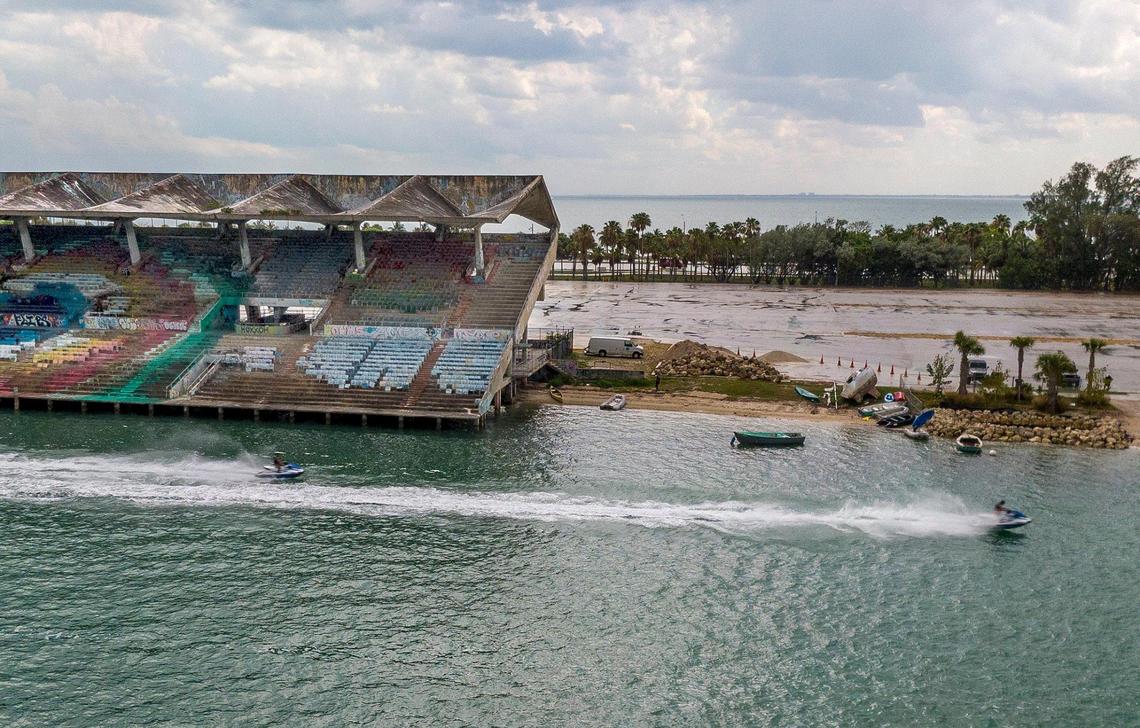 Water bikes speed by the site where the city of Miami wants to build a boat ramp adjacent (right side) to Miami Marine Stadium on Virginia Key.