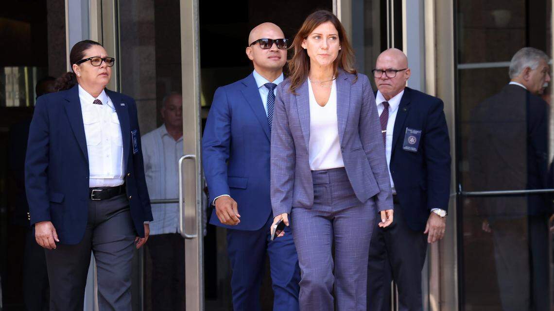 U.S. Navy veteran Walt Nauta who has served as an aide to Donald Trump in the White House and at his Palm Beach estate, and Florida criminal attorney Sasha Dadan and leave at the Wilkie D. Ferguson Jr. U.S. Courthouse after his arraignment, Thursday, July 6, 2023, in Miami.