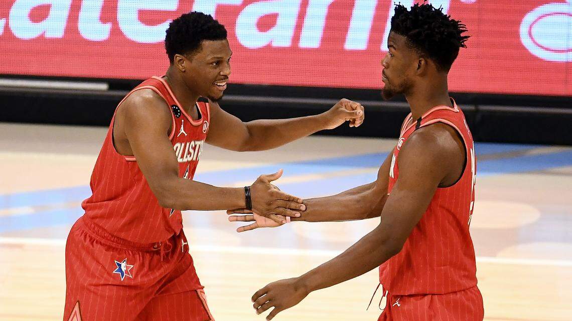 Kyle Lowry #2 and Jimmy Butler #24 of Team Giannis celebrate in the third quarter against Team LeBron during the 69th NBA All-Star Game at the United Center on February 16, 2020 in Chicago.