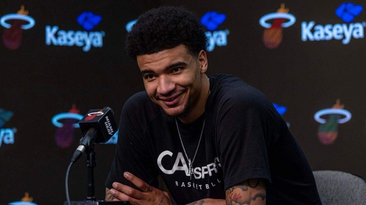 Miami Heat center Kel’el Ware speaks to the media during the Miami Heat exit interviews at Kaseya Center on April 30, 2025, in Miami.