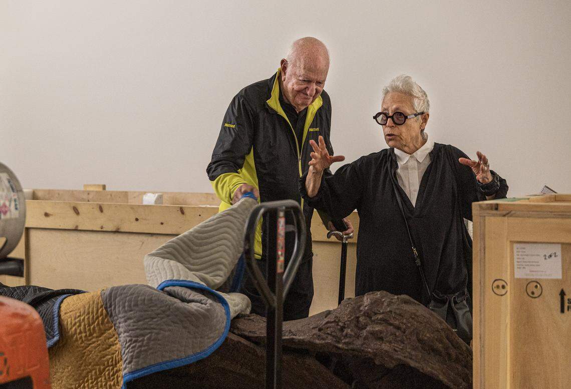 Mera and Don Rubell check crates containing art pieces that will be part of a show opening in December ahead of Art Basel, at their Rubell Museum that is now a museum and a non-profit foundation. Their private art collection is an important one that has defined the Miami art scene for many years, on Friday November 07, 2025.