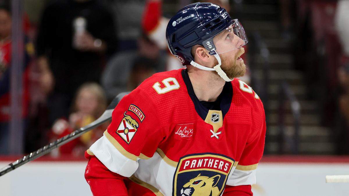 Jan 15, 2024; Sunrise, Florida, USA; Florida Panthers center Sam Bennett (9) looks on after scoring against the Anaheim Ducks during the second period at Amerant Bank Arena.