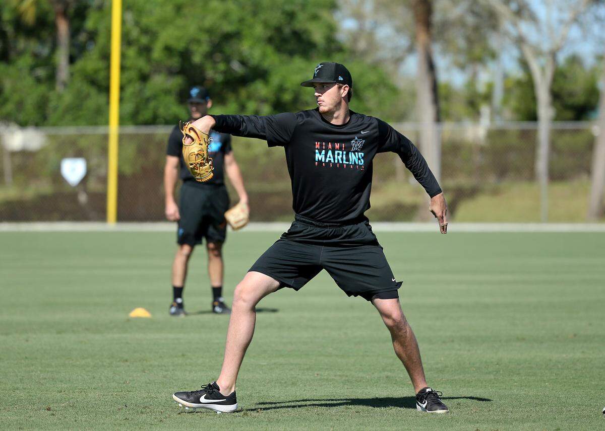Miami Marlins minor league pitcher Trevor Rogers runs drills during practice spring training game at the Roger Dean Chevrolet Stadium on Wednesday, March 6, 2019 in Jupiter, FL.