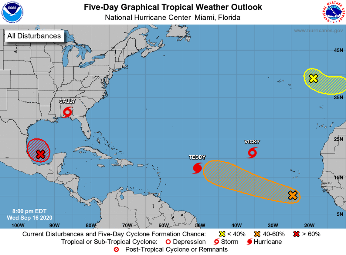 The National Hurricane Center is monitoring four named storms: Paulette, Sally, Teddy and Vicky and three disturbances