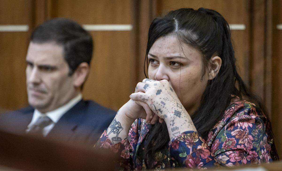 Miami, FL, October 16, 2025 - Daisy Link, right, who made headlines for getting pregnant while being held in TGK, listens to the prosecution make their final arguments. Link is accused of fatally shooting her long-time partner in the leg in Homestead.