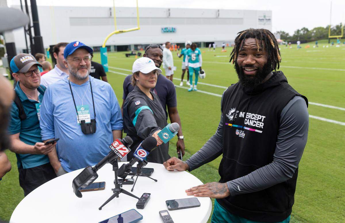 Miami Dolphins cornerback Xavien Howard (25) speaks to the media during team practice at the Baptist Health Training Complex on Tuesday, June 6, 2023, in Miami Gardens, Fla.