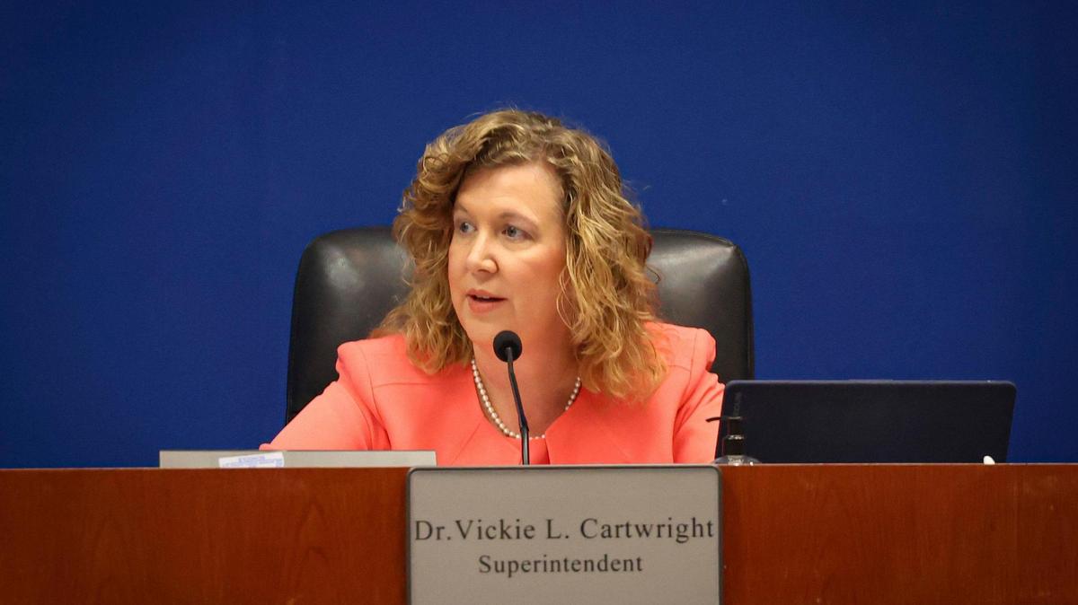 Vickie Cartwright delivers her farewell speech Tuesday, Feb. 7, 2023, during a Broward County School Board meeting. The board voted to pay her nearly $268,000 in severance. She will be leaving her post Tuesday. The board named Earlean Smiley, a retired longtime district educator, as interim superintendent.