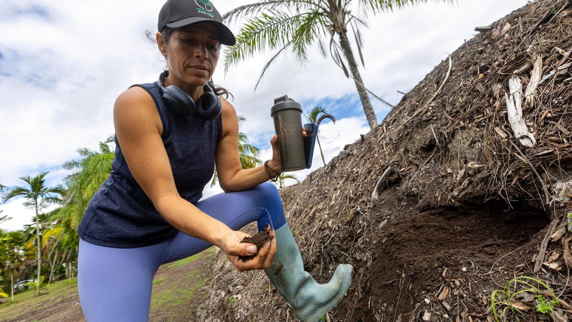 Lanette Sobel checks on the progress of a compost pile at Fertile Earth Worm Farm. New county proposals could clear the way for small-scale composting operations like hers.