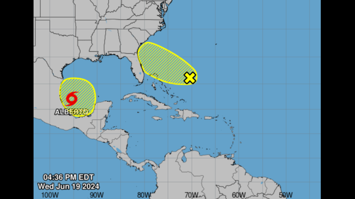 The 4:36 p.m. map of the disturbance in the Atlantic and Tropical Storm Alberto in the Gulf of Mexico.
