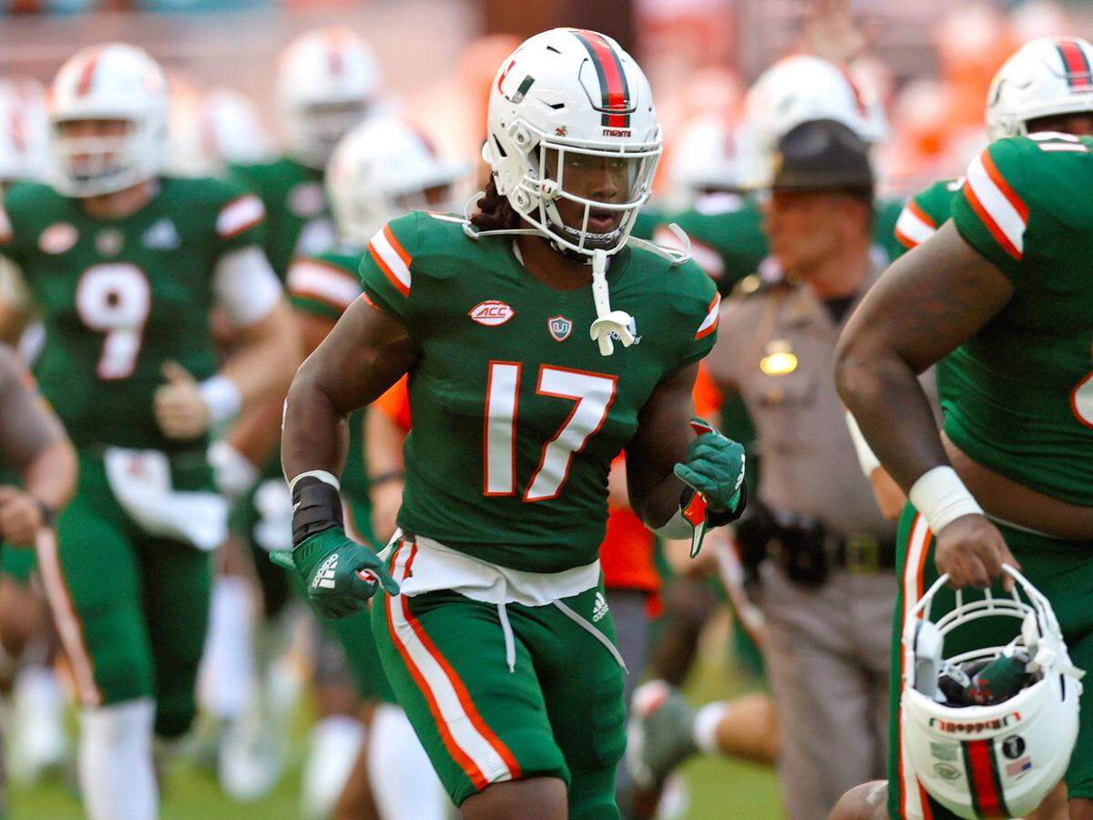 Miami Hurricanes linebacker Waynmon Steed (17) takes the field before the start of a ACC football game against the Appalachian State Mountaineers at Hard Rock Stadium on Saturday, September 11, 2021 in Miami Gardens, Florida.