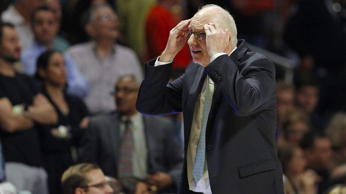 Miami Hurricanes head coach Jim Larrañaga shows frustration during the second half of an NCAA college basketball game against the N.C. State Wolfpack at the Watsco Center in Coral Gables Jan. 3, 2019. On Wednesday, the Hurricanes lost to Syracuse on the road.