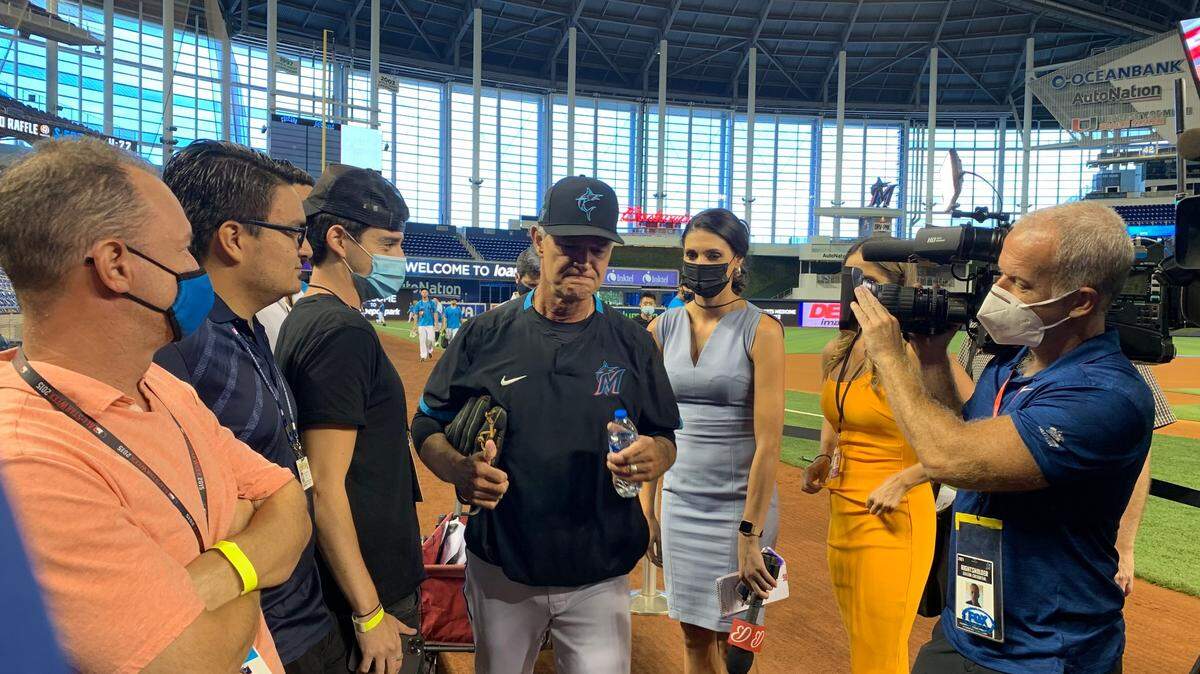 Miami Marlins manager Don Mattingly walks onto the field prior to a game against the Chicago Cubs on Friday, Aug. 13, 2021, at loanDepot park in Miami, Florida.