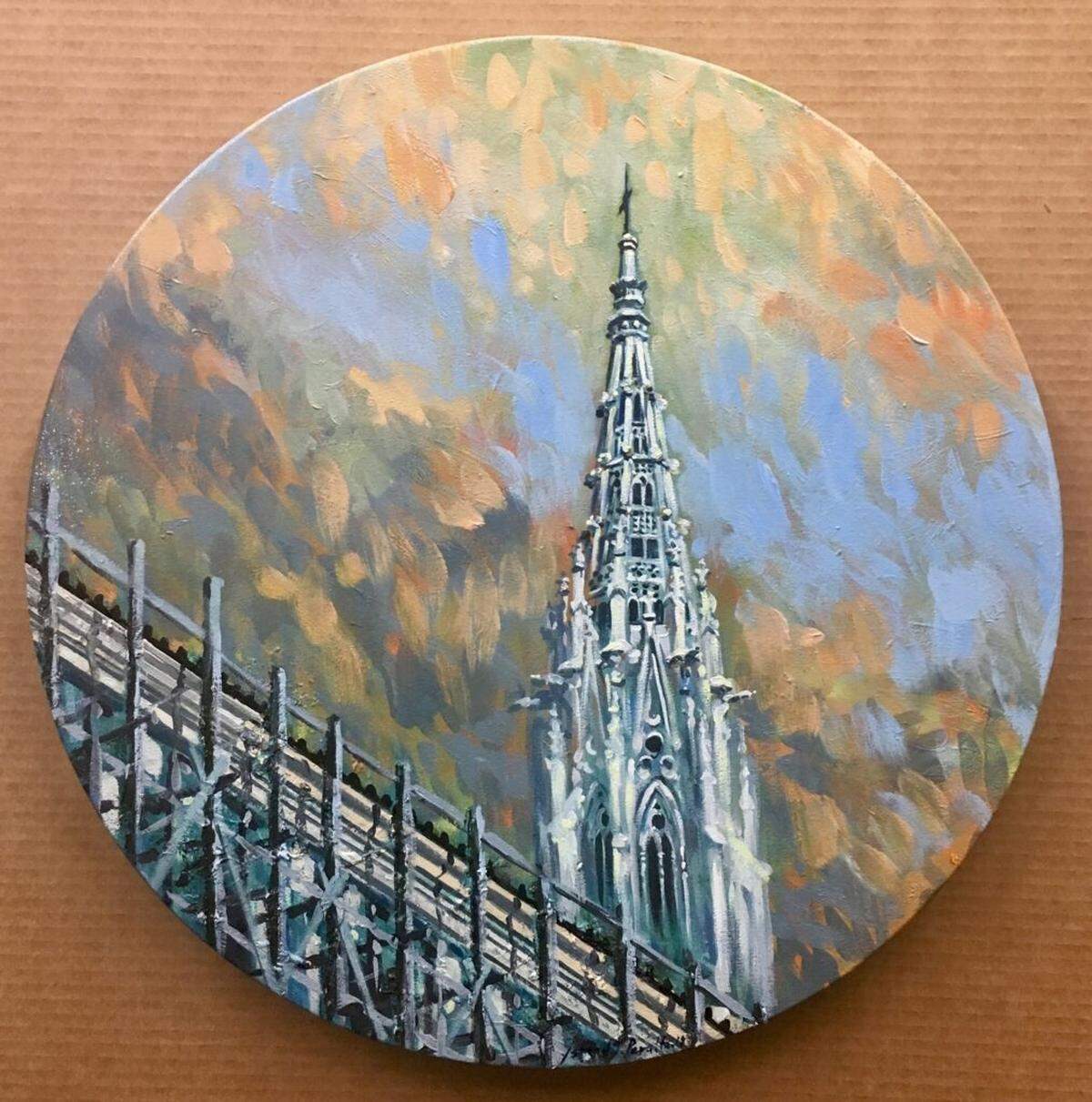 Obra de Ismael Gómez Peralta en “Circular Reflections”, que combina estructuras arquitectónicas y memoria emocional en una composición que refleja tanto la pérdida como la resiliencia.