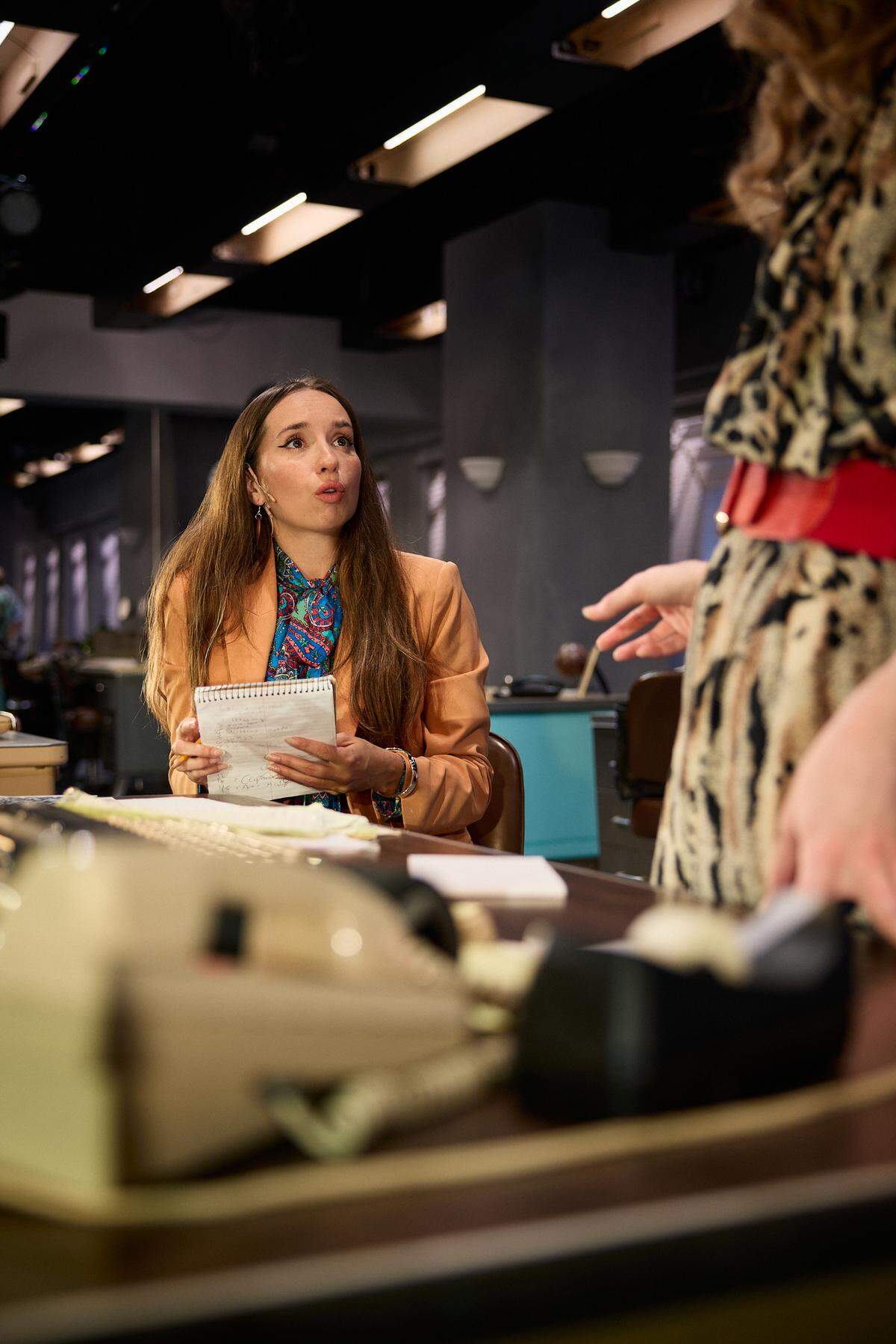 Krystal Millie Valdes as Anna listens to orders from Caitlin Clouthier’s Edna Buchanan in the Miami New Drama world premiere of Nicholas Griffin’s “Dangerous Days.”