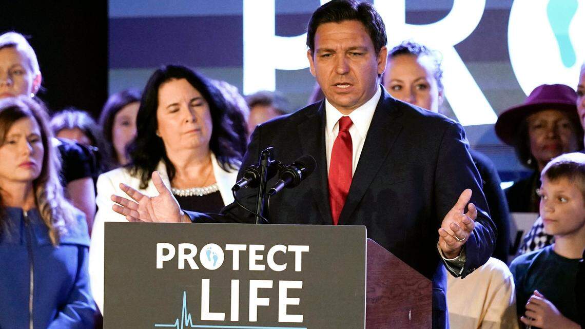 Florida Gov. Ron DeSantis speaks to supporters before signing a 15-week abortion ban into law on April 14, 2022, in Kissimmee.