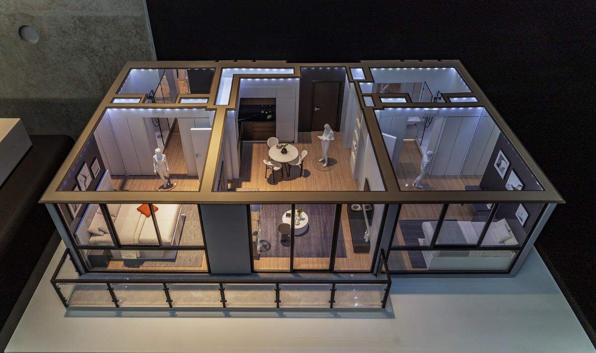 A scale model displays a two-bedroom, fully furnished apartment at The HueHub, an $880 million, 4,000-unit residential project that developer Pablo Castro plans to build in Miami-Dade County’s West Little River area. Castro is setting aside 3,000 apartments at unusually low rents for first responders and teachers.