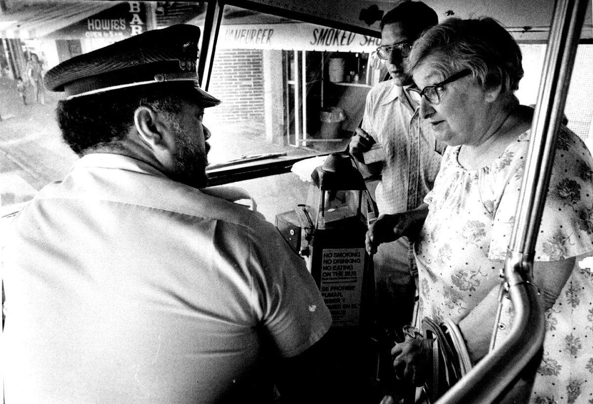 A passenger boards the X route in Miami Beach in 1986.