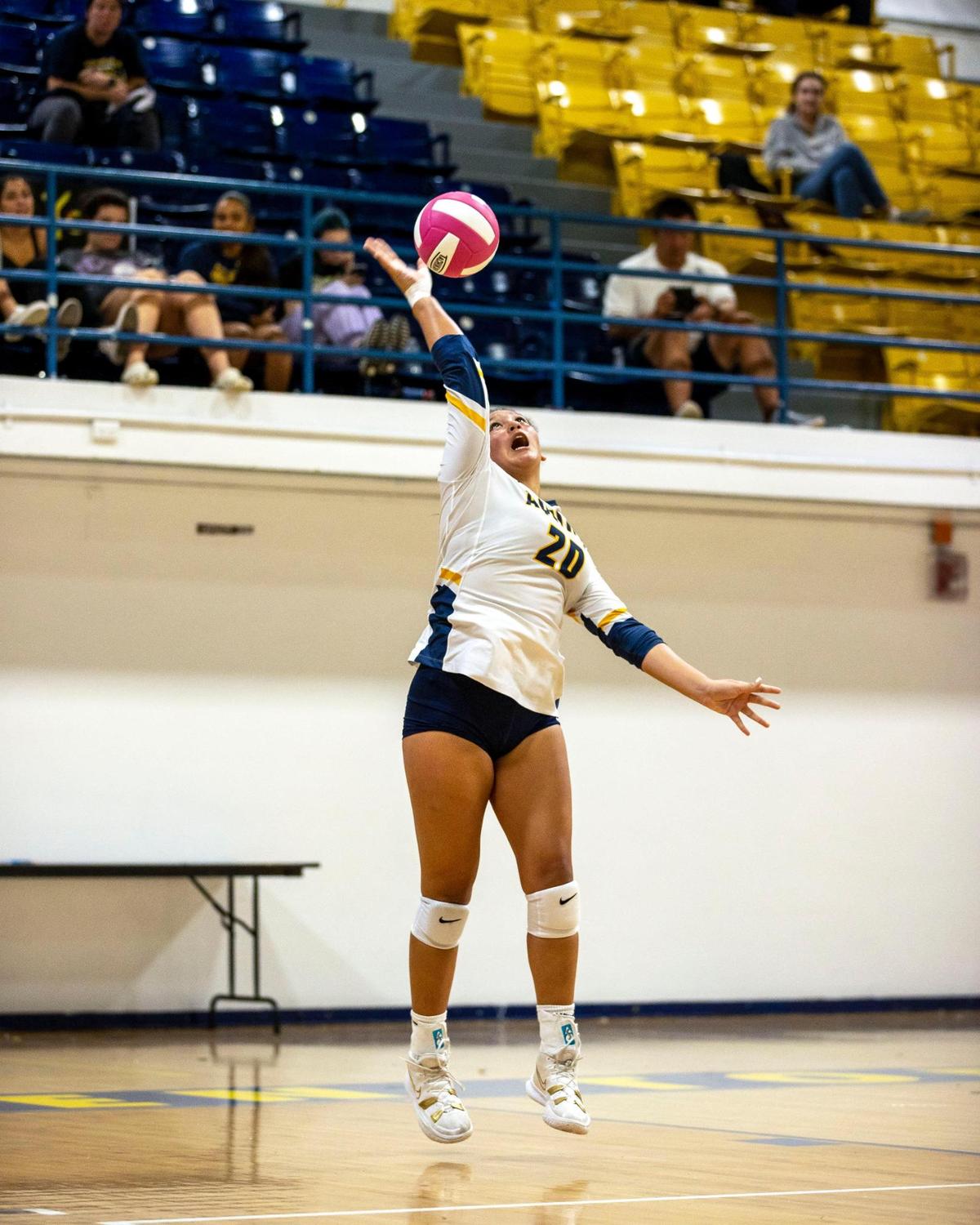 St. Thomas Aquinas setter Mikayla Porter (20) serves the ball during the BCAA Big 8 Championship against South Plantation at Pompano Beach High in Pompano Beach, Florida, on Thursday, October 13, 2022.