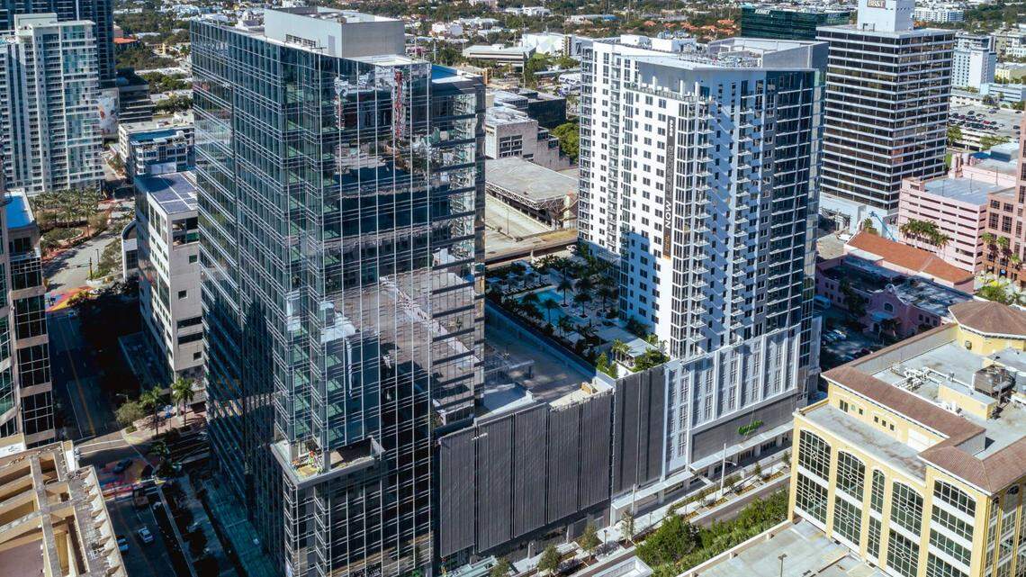 An aerial photo of office building The Main in downtown Fort Lauderdale.