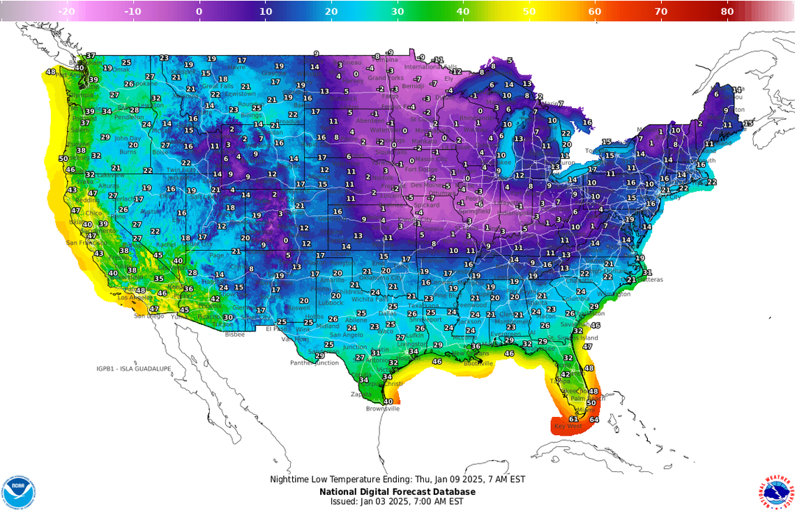 NOAA’s low temperature forecast map for Wednesday, Jan. 8, 2025, in Florida. The map was produced on Friday, Jan. 3.