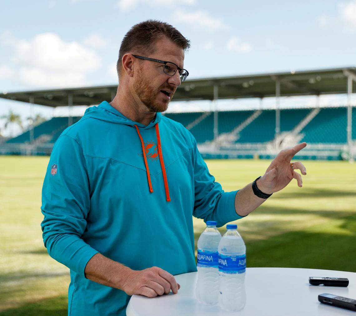 Miami Dolphins quarterbacks coach and passing game coordinator Darrell Bevell talks with the reporters during media availability at Baptist Health Training Complex in Hard Rock Stadium on Wednesday, February 23, 2022 in Miami Gardens, Florida.