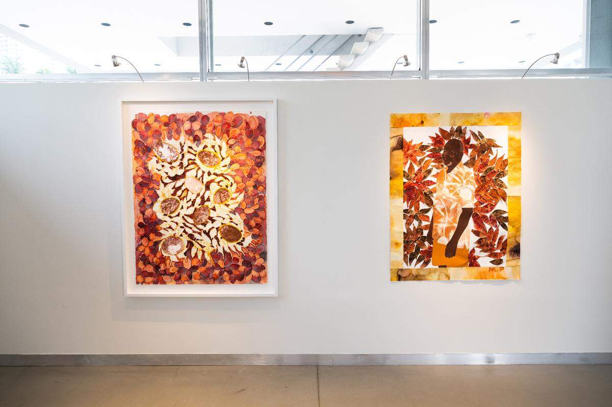“A place to leave, a place to return,” left, and “Enveloped by the Sun #10 (Dad)” by artist Mark Fleuridor.