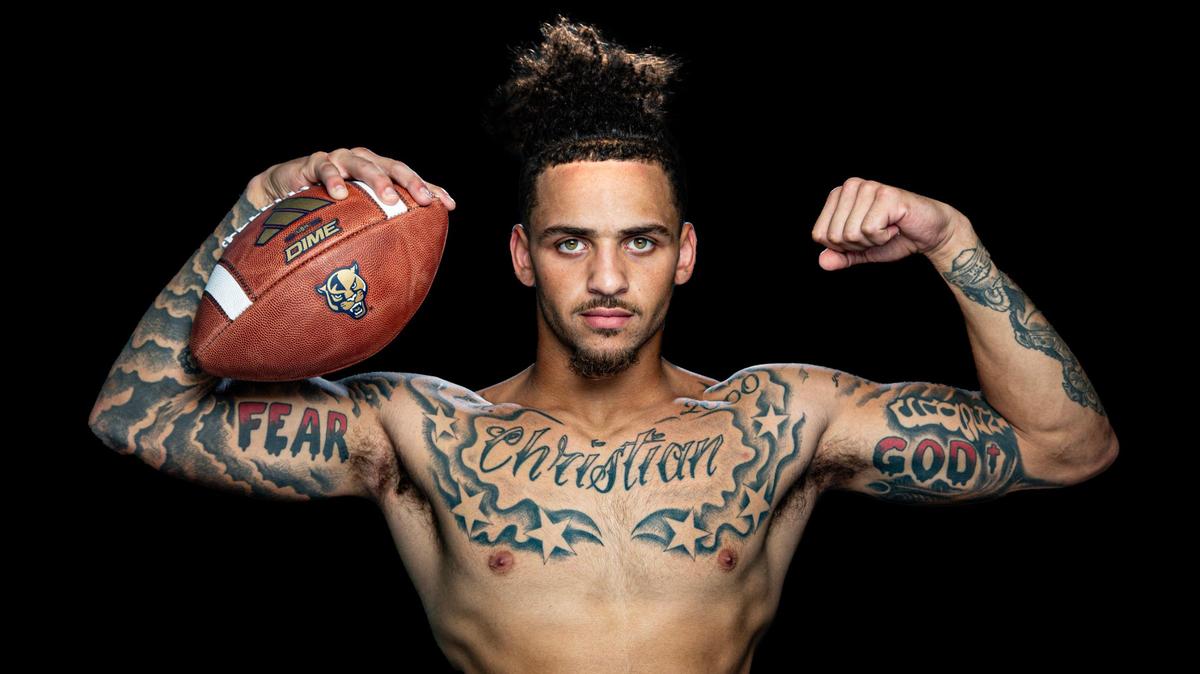 FIU Panthers defensive back CJ Christian displays his tattoos at Florida International University in Miami on Tuesday, August 22, 2023.