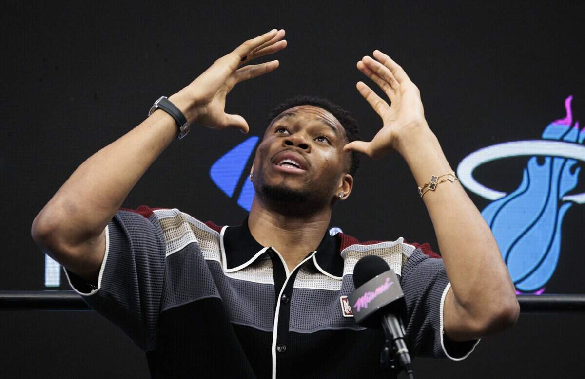Giannis Antetokounmpo recalls an interaction with Lebron James early in his career during a press conference introducing him to the Miami Heat on Thursday, July 16, 2026, at the Kaseya Center in downtown Miami, Fla.