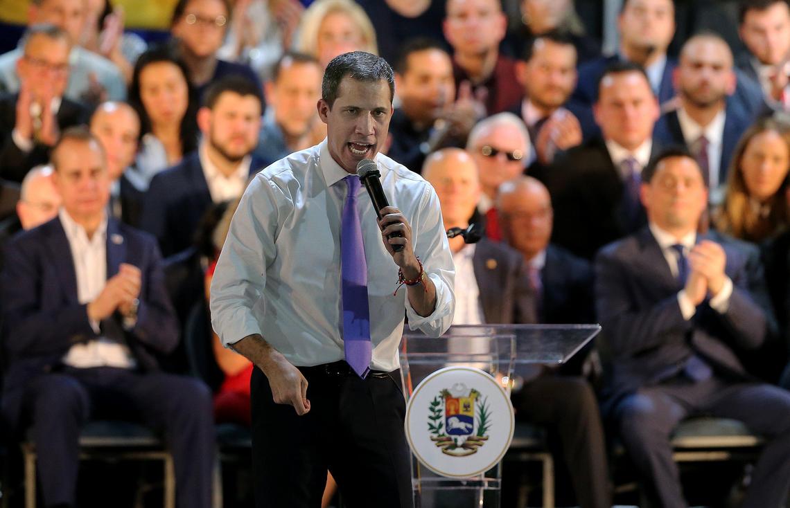 Venezuela’s interim President Juan Guaid speaks at a rally to meet with the exiled Venezuelan community during his visit to Miami, on Saturday, February, 01, 2020.