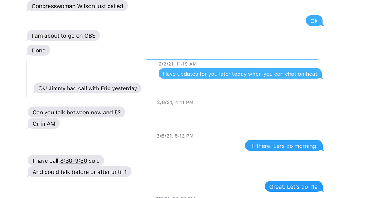 Text messages between Miami-Dade Mayor Daniella Levine Cava (left) and her political consultant Christian Ulvert, right, in early February as the mayor was trying to land a new naming-rights deal for the county-owned arena where the Miami Heat play.