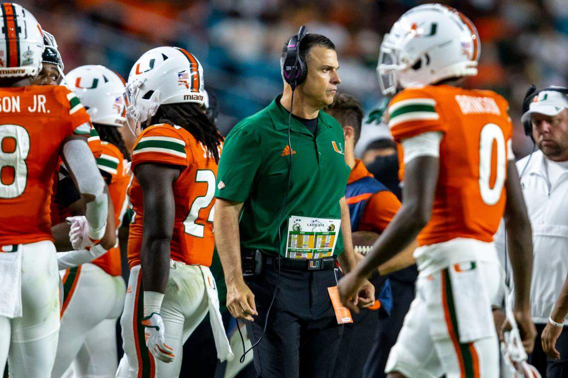 University of Miami head coach Mario Cristobal reacts on the sidelines during an ACC football game against Florida State University at Hard Rock Stadium in Miami Gardens on Saturday, November 5, 2022.