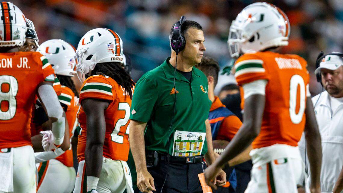 University of Miami head coach Mario Cristobal reacts on the sidelines during an ACC football game against Florida State University at Hard Rock Stadium in Miami Gardens on Saturday, November 5, 2022.