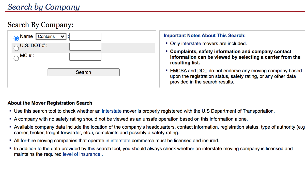A screenshot of the Federal Motor Carrier Safety Administration’s search engine.
