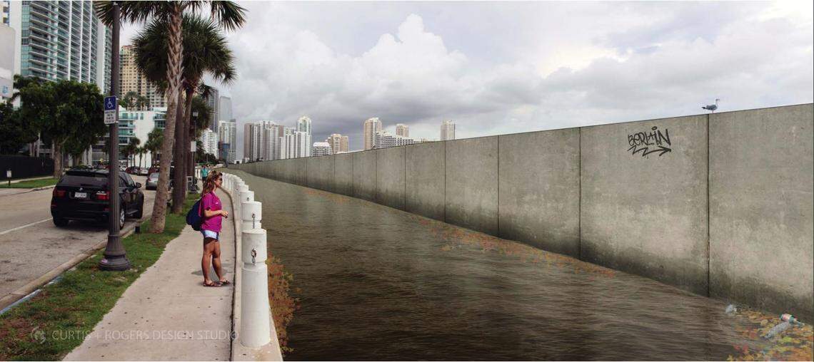 A rendering depicting what the Army Corps of Engineers’ proposed 10-foot high walls designed to protect downtown Miami from storm-surge flooding might look like at Brickell Bay Drive.