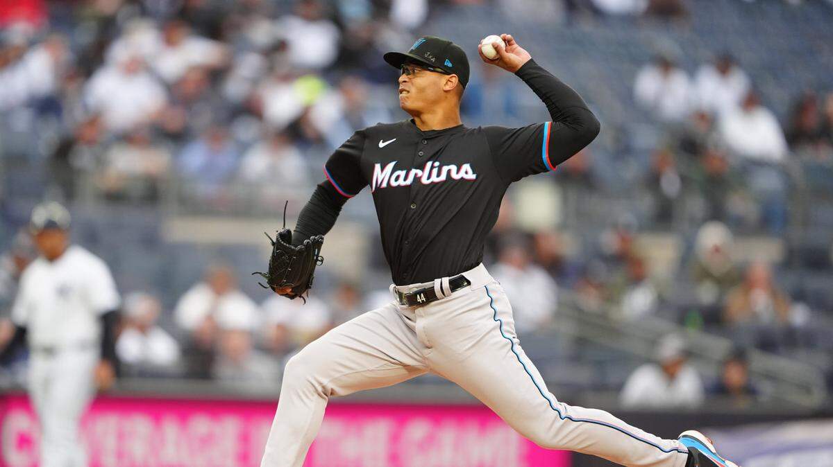 Apr 8, 2024; Bronx, New York, USA; Miami Marlins pitcher Jesus Luzardo (44) delivers a pitch against the New York Yankees during the first inning at Yankee Stadium.