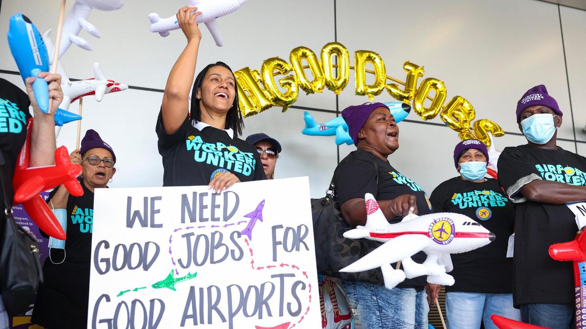 Leila Benitez, union crew chief, left, chants during a protest of contracted airport workers demanding better wages and other benefits on Dec. 8, 2022, at the Miami International Airport. Contract workers like these would be affected by “living wage” legislation under consideration in Tallahassee.