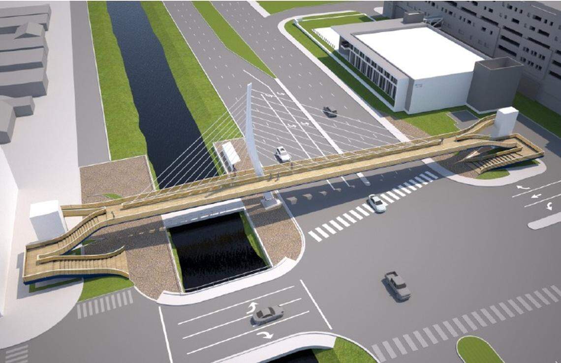 FIU had originally envisioned a more traditional design for its 'signature' pedestrian bridge, including this cable-stayed approach from an early conceptualization. But the construction of such a bridge would have blocked traffic down the busy Tamiami Trail far longer than the design ultimately chosen.