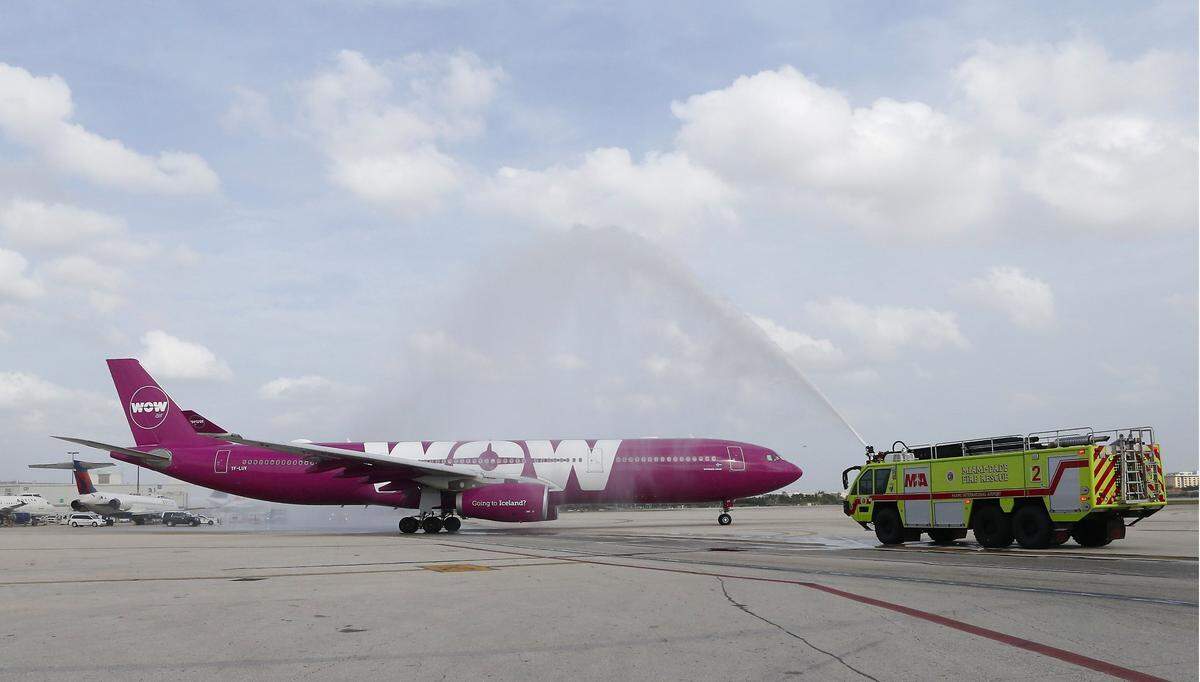 A view of WOW airplane during the inaugural flight for Iceland at Miami International Airport on Thursday, April 6, 2017.